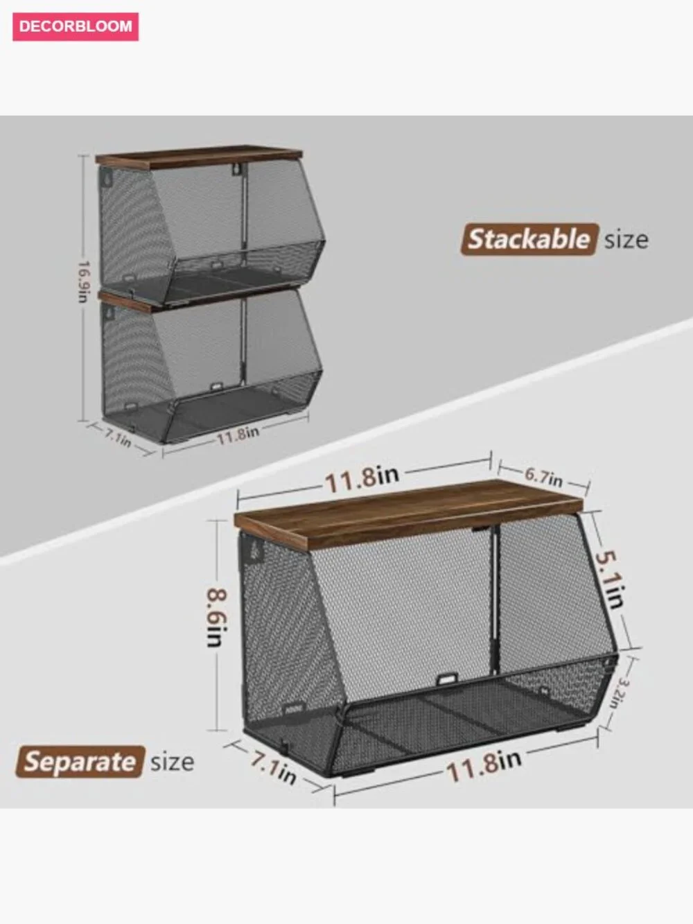 Stackable Fruit Basket 2 Pack, Wall Mountable Wire Basket with Wood Lid,